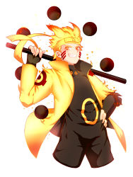 Rule 34 | 1boy, absurdres, blonde hair, cropped legs, escrima stick, facial mark, forehead protector, glowing, glowing hair, highres, looking at viewer, male focus, naruto (series), naruto shippuuden, smile, solo, spiked hair, staff, uz, uzumaki naruto, whisker markings, whiskers