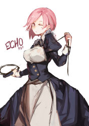 Rule 34 | 1girl, absurdres, artist name, blue dress, bow, breasts, buttons, dress, echo (ehchoy), hair ornament, highres, holding, holding whip, juliet sleeves, long sleeves, looking at viewer, medium breasts, medium hair, one eye closed, original, parted lips, pink eyes, pink hair, puffy sleeves, simple background, solo, standing, whip, white background