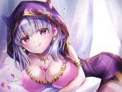 Rule 34 | 1girl, amanoizu, armlet, bare shoulders, between breasts, bikini, blush, breasts, candy, chocolate, chocolate heart, chocolate heaven (fate/grand order), cleavage, cloak, collarbone, earrings, fate/grand order, fate (series), food, gold trim, hair ribbon, heart, hood, hood up, hooded cloak, horned hood, horns, jewelry, kama (chocolate heaven) (fate), kama (fate), large breasts, licking lips, long hair, looking at viewer, necklace, pink bikini, purple cloak, red eyes, ribbon, silver hair, smile, solo, swimsuit, tongue, tongue out
