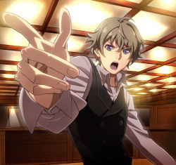 Rule 34 | 10s, 1boy, blonde hair, buttons, foreshortening, hazama masayoshi, lights, long sleeves, looking at viewer, male focus, messy hair, nyoro (nyoronyoro000), open mouth, perspective, pointing, pointing at viewer, samurai flamenco, short hair, solo, vest
