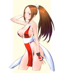 Rule 34 | 1girl, absurdres, arm up, bare shoulders, blush, breasts, brown eyes, brown hair, cleavage, delta5546, fatal fury, female focus, fingerless gloves, gloves, groin, highres, japanese clothes, large breasts, legs, lips, long hair, looking at viewer, pelvic curtain, ponytail, revealing clothes, shiny skin, shiranui mai, sideboob, snk, solo, standing, the king of fighters, thighs