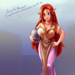 Rule 34 | 1girl, blue eyes, breasts, cleavage, collarbone, curvy, elf, english text, forehead, freckles, hand on own hip, heart, highres, jar, large breasts, long hair, long skirt, malon, milk, nintendo, open mouth, pelvic curtain, plague of gripes, pointy ears, red hair, sexually suggestive, short sleeves, skirt, solo, spoken heart, sweat, the legend of zelda, the legend of zelda: ocarina of time, triforce, very long hair