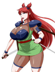 Rule 34 | 1girl, blue eyes, breasts, cleavage, dual wielding, highres, holding, large breasts, lipstick, long hair, makeup, ml, nail polish, ninja, open mouth, red hair, solo, wristband