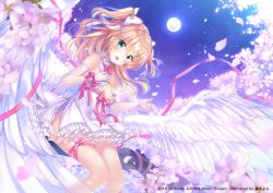 Rule 34 | 1girl, 2018, :d, angel wings, artist name, bare shoulders, blonde hair, blue eyes, blurry, blush, bow, breasts, cherry blossoms, cleavage cutout, clothing cutout, copyright name, covered navel, depth of field, detached collar, dress, elbow gloves, emori el, feathered wings, flower, frills, full moon, gloves, hair between eyes, hair bow, highres, in tree, knees together feet apart, lace, lace-trimmed gloves, lace trim, leg ribbon, liver city, long hair, looking at viewer, moon, night, night sky, open mouth, petals, pink ribbon, ribbon, sakura moyon, side slit, sitting, sky, small breasts, smile, solo, sparkle, star (sky), starry sky, strapless, strapless dress, tree, two side up, white bow, white dress, white gloves, white wings, wings, wrist ribbon