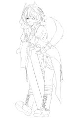 Rule 34 | 1girl, animal ears, bad id, bad tumblr id, bandages, belt, belt skirt, boots, bored, cross-laced footwear, expressionless, fingerless gloves, gloves, greyscale, hand on own face, igyouhime, inubashiri momiji, lineart, long sleeves, monochrome, pom pom (clothes), short hair, solo, sword, tail, touhou, weapon, wolf ears, wolf tail