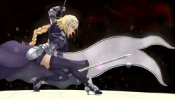 Rule 34 | 1girl, arm up, armor, armored boots, armored dress, banner, black background, black thighhighs, blonde hair, blue dress, blue eyes, boots, braid, breasts, breasts apart, dress, fate/apocrypha, fate (series), from side, full body, gauntlets, high heel boots, high heels, highres, holding, holding sword, holding weapon, jeanne d&#039;arc (fate), jeanne d&#039;arc (ruler) (fate), long hair, medium breasts, ponytail, single braid, solo, sword, thighhighs, very long hair, weapon, yunkaiming