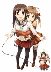Rule 34 | 2girls, ^^^, ahoge, amagai tarou, arms around waist, arrow (symbol), assisted exposure, black hair, black legwear, bra, breasts, brown eyes, brown hair, clothes lift, frilled legwear, head on another&#039;s shoulder, headphones, headphones around neck, hug, hug from behind, large breasts, legs, lingerie, long hair, looking at viewer, multiple girls, open mouth, original, outstretched arms, pantyhose, plaid, plaid skirt, red eyes, school uniform, serafuku, shirt lift, short twintails, skirt, smile, spread arms, standing, surprised, surprised arms, thighhighs, twintails, underwear