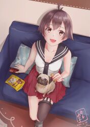 Rule 34 | 1girl, absurdres, antenna hair, artist logo, asymmetrical legwear, black necktie, black sailor collar, black thighhighs, breasts, brown eyes, commentary request, commission, couch, dog on lap, feet out of frame, from above, garter straps, grey hair, highres, kamo mayor, kantai collection, looking at viewer, looking up, necktie, pillow, pixiv commission, pleated skirt, pug, red skirt, sailor collar, sakawa (kancolle), shirt, short hair, single garter strap, single thighhigh, skirt, sleeveless, sleeveless shirt, small breasts, thighhighs, white shirt
