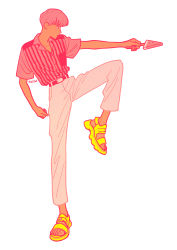 Rule 34 | 1boy, belt, food, highres, kk724, leg up, original, pants, pink hair, pink shirt, pink theme, popsicle, profile, sandals, shirt, shirt tucked in, short hair, short sleeves, signature, simple background, solo, striped clothes, striped shirt, watermelon bar, white background, white pants, yellow footwear