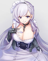 Rule 34 | 1girl, armor, asymmetrical hair, ayamori mimi, azur lane, belfast (azur lane), between breasts, blue eyes, braid, breasts, chain, cleavage, collar, dress, french braid, frilled dress, frills, gloves, hand on own chest, highres, large breasts, leaning forward, long hair, looking at viewer, maid, maid headdress, silver hair, smile, solo, swept bangs, underbust, very long hair, white dress