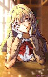 Rule 34 | 1girl, blazer, blonde hair, blurry, blurry background, bow, bowtie, breasts, brown eyes, brown jacket, closed mouth, collared shirt, commentary, elbow gloves, elbow rest, elbows on table, gloves, hair between eyes, head rest, head tilt, highres, indoors, jacket, large breasts, long hair, long sleeves, medium breasts, moyaatama, red bow, red bowtie, school uniform, shirt, shokuhou misaki, sidelighting, smile, solo, sparkling eyes, toaru kagaku no mental out, toaru kagaku no railgun, toaru majutsu no index, tokiwadai school uniform, twitter username, white gloves, white shirt, winter uniform
