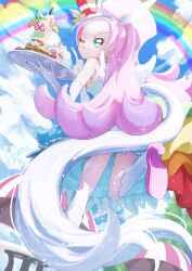 Rule 34 | absurdres, animal ears, bare shoulders, berry, boots, choker, cloud, cure parfait, dress, earrings, elbow gloves, food, food-themed hair ornament, fruit, gloves, hair ornament, headband, highres, holding, holding plate, horse ears, jewelry, kirakira precure a la mode, kiwi (fruit), leaf, lemon, long hair, multicolored eyes, one eye closed, orange (fruit), parfait, pearl choker, pearl earrings, pink hair, plate, pointing, pointing up, ponytail, precure, rainbow, sparkling eyes, standing, standing on one leg, strapless, strapless dress, table, tail, takahashi hizumi, umbrella, white footwear, white gloves, white tail, white wings, wings
