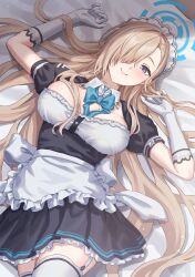 Rule 34 | 1girl, absurdres, apron, arms up, asuna (blue archive), bed sheet, black dress, blonde hair, blue archive, blue bow, blue bowtie, blue eyes, blue halo, bow, bowtie, breasts, closed mouth, collar, commentary, detached collar, dress, frilled apron, frilled dress, frills, hair over one eye, hair spread out, halo, highres, large breasts, long hair, looking at viewer, lying, maid apron, maid headdress, mole, mole on breast, on back, on bed, parted bangs, puffy short sleeves, puffy sleeves, short sleeves, simoumi 217, smile, solo, waist apron, white collar, white headwear