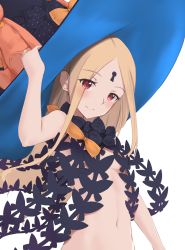 Rule 34 | 1girl, abigail williams (fate), abigail williams (second ascension) (fate), arm up, bad id, bad pixiv id, black bow, black hat, blonde hair, blush, bow, breasts, closed mouth, commentary request, fate/grand order, fate (series), hand on headwear, hat, hat bow, head tilt, highres, jilu, keyhole, long hair, navel, orange bow, parted bangs, red eyes, revealing clothes, simple background, small breasts, smile, solo, upper body, very long hair, white background, witch hat