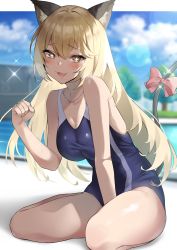 Rule 34 | + +, 1girl, animal ears, bare shoulders, blonde hair, blue one-piece swimsuit, blush, breasts, cat ears, cat tail, collarbone, competition swimsuit, highres, large breasts, long hair, looking at viewer, one-piece swimsuit, open mouth, poolside, shokuhou misaki, smile, swimsuit, tail, thighs, toaru kagaku no railgun, toaru majutsu no index, usa b