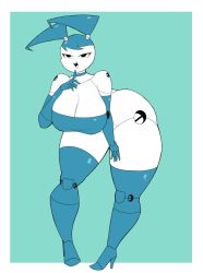 Rule 34 | 1girl, android, blue hair, boots, breasts, choker, elbow gloves, gloves, high heel boots, high heels, huge breasts, jenny wakeman, joints, my life as a teenage robot, robot, robot girl, solo, thick thighs, thigh boots, thighhighs, thighs, twintails