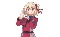 Rule 34 | 1girl, belt, blonde hair, blue ribbon, bob cut, closed mouth, collared shirt, cowboy shot, dou (mame eee), dress, hair between eyes, hair ribbon, hands up, heart, heart hands, highres, long sleeves, looking at viewer, lycoris recoil, lycoris uniform, neck ribbon, nishikigi chisato, pleated dress, red belt, red dress, red eyes, red ribbon, ribbon, shirt, short hair, simple background, smile, solo, standing, two-tone dress, white background, white shirt