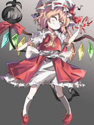 Rule 34 | 1girl, back bow, blonde hair, bow, center frills, closed eyes, closed mouth, collared shirt, crushing, crystal, dress shirt, eighth note, flandre scarlet, frilled shirt collar, frills, full body, gradient background, hair between eyes, hat, hat ribbon, highres, holding, holding staff, laevatein (touhou), medium hair, mob cap, musical note, red footwear, red ribbon, red skirt, red vest, ribbon, ribbon-trimmed headwear, ribbon trim, shirt, shoes, side ponytail, skirt, skirt set, smile, solo, staff, sutaku77224, touhou, vest, white footwear, white hat, white legwear, white shirt, wings