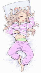 Rule 34 | 1girl, absurdres, arm up, artist name, barefoot, bed sheet, blush, closed eyes, clothes lift, clothes pull, commentary request, drooling, feet, forehead, full body, green panties, grey hair, highres, hood, hoodie, hoodie lift, long hair, long sleeves, lying, matado (almukha), messy hair, multicolored hair, navel, on back, on bed, onii-chan wa oshimai!, open mouth, oyama mahiro, pajamas, pajamas lift, pajamas pull, panties, pants, pants pull, pillow, pink hair, purple hoodie, purple pajamas, purple pants, sleeping, solo, stomach, streaked hair, striped clothes, striped hoodie, underwear, zipper
