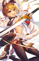 Rule 34 | 1girl, akanagi youto, animal ears, bare back, bare shoulders, black pantyhose, blonde hair, blush, braid, breasts, detached sleeves, dog ears, dog tail, erune, granblue fantasy, highres, japanese clothes, katana, long sleeves, looking at viewer, open mouth, pantyhose, rope, shimenawa, short hair, small breasts, smile, solo, sword, tail, vajra (granblue fantasy), weapon, wide sleeves, yellow eyes