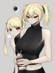 Rule 34 | 2girls, absurdres, bad id, bad pixiv id, black shirt, blonde hair, blush, breasts, cigarette, copyright request, cup, grey background, highres, large breasts, long hair, looking at viewer, medium hair, midriff, multiple girls, nail polish, navel, norunollu, red eyes, red nails, shirt, simple background, sleeveless, sleeveless shirt, smoking, upper body