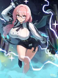 1girl absurdres artist_name black_footwear black_skirt breasts dress_shirt dust earrings glasses gloves hair_between_eyes high-waist_skirt highres holding holding_polearm holding_weapon jewelry kelzero large_breasts lightning long_hair looking_at_viewer naginata outdoors pencil_skirt pink_eyes pink_hair polearm ring_hair_ornament shirt sidelocks skirt smile solo tsukishiro_yanagi weapon white_shirt zenless_zone_zero