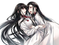 Rule 34 | 2girls, black hair, blood, blood from mouth, blood on clothes, commentary request, eye contact, fangs, hand on another&#039;s arm, hand on another&#039;s stomach, highres, long hair, long sleeves, looking at another, multiple girls, open mouth, original, red eyes, simple background, takekawa shin, vampire, white background, yuri