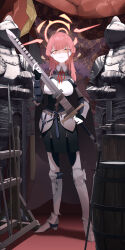 Rule 34 | 1girl, absurdres, alternate costume, armor, aru (blue archive), barrel, blue archive, breastplate, demon girl, demon horns, full armor, gauntlets, greaves, hair over one eye, halo, helm, helmet, highres, holding, holding sword, holding weapon, horns, knight, looking at viewer, pauldrons, plate armor, polearm, ryeon (bluetom1), shoulder armor, solo, spear, sword, swordbreaker (weapon), weapon