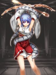 Rule 34 | 1girl, armpits, arms up, arrow (projectile), blue hair, bow (weapon), detached sleeves, hair ornament, hairclip, jewelry, magu (mugsfc), necklace, nontraditional miko, original, purple eyes, purple hair, short hair, skirt, snake, solo, weapon, wide sleeves