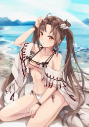 Rule 34 | 1girl, ahoge, arm up, bare shoulders, beach, bikini, blurry, blurry background, blush, breasts, brown-tinted eyewear, brown hair, closed mouth, collarbone, commentary request, day, depth of field, earrings, eyewear on head, fate/grand order, fate (series), hair ornament, highres, jewelry, long hair, looking at viewer, medium breasts, mutang, navel, off shoulder, outdoors, parted bangs, red eyes, sand, seiza, sitting, solo, swimsuit, tinted eyewear, twintails, very long hair, water, white bikini, yu mei-ren (fate), yu mei-ren (swimsuit lancer) (fate)
