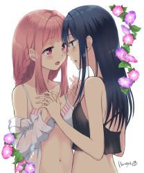 Rule 34 | 2girls, artist name, blouse, blue hair, blunt bangs, bra, braid, collarbone, dark blue hair, eye contact, face-to-face, fingernails, flower, hair intakes, hands up, himaya, holding hands, imminent kiss, interlocked fingers, leaf, light blush, long hair, looking at another, magia record: mahou shoujo madoka magica gaiden, mahou shoujo madoka magica, multiple girls, nanami yachiyo, navel, parted lips, pink bra, pink eyes, pink flower, pink hair, purple flower, see-through, see-through shirt, shirt, shirt slip, sidelocks, sideways mouth, simple background, stomach, striped bra, striped clothes, tamaki iroha, underwear, upper body, very long hair, water drop, white background, white shirt, yuri