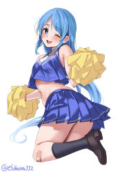 Rule 34 | 1girl, ;d, bandaid, bandaid on knee, bandaid on leg, bare shoulders, black socks, blue eyes, blue hair, blue shirt, blue skirt, blush, breasts, brown footwear, cheerleader, commentary request, crop top, ebifurya, from side, full body, highres, kantai collection, kneehighs, long hair, looking at viewer, looking to the side, navel, one eye closed, open mouth, pleated skirt, pom pom (cheerleading), samidare (kancolle), shirt, shoe soles, shoes, simple background, skirt, sleeveless, sleeveless shirt, small breasts, smile, socks, solo, twisted torso, twitter username, very long hair, white background
