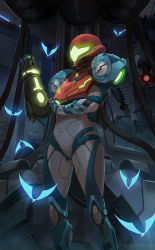 Rule 34 | 1girl, arm cannon, armor, bug, butterfly, e.m.m.i., glowing, gun, helmet, insect, metroid, metroid dread, nintendo, power armor, samus aran, science fiction, sidelocks, simple background, solo, upper body, varia suit, visor, weapon, yagaminoue