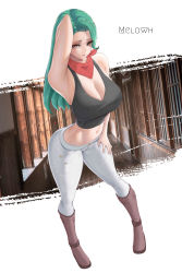 Rule 34 | 1girl, absurdres, arm up, boots, breasts, cleavage, clothing cutout, commission, crop top, curvy, denim, female focus, full body, green hair, highres, jeans, kerchief, large breasts, leaning forward, looking at viewer, melowh, navel, navel cutout, original, pants, simple background, smile, solo, tank top, thighs, yellow eyes