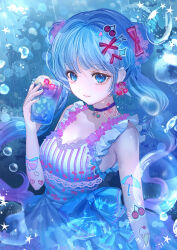 Rule 34 | 1girl, blue bow, blue dress, blue eyes, blue hair, blue nails, blush, bow, breasts, cherry, cherry hair ornament, choker, closed mouth, dress, drink, eyeliner, food, food-themed hair ornament, frilled dress, frills, fruit, gradient hair, hair ornament, heart, heart tattoo, highres, holding, holding drink, ice, ice cube, komorihikki, long bangs, medium breasts, multicolored hair, nail polish, neck tattoo, original, pendant choker, pink eyeliner, purple choker, purple hair, raised eyebrows, sidelocks, sleeveless, sleeveless dress, smile, solo, tattoo, twintails, upper body, waist bow