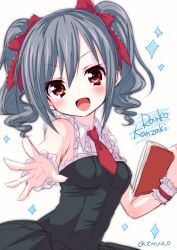 1girl black_dress book breasts commentary_request dress drill_hair emu_(trigger) grey_hair holding holding_book idolmaster idolmaster_cinderella_girls kanzaki_ranko looking_at_viewer medium_hair necktie open_mouth outstretched_arm red_eyes red_necktie sketch small_breasts smile solo sparkle twin_drills upper_body wrist_cuffs