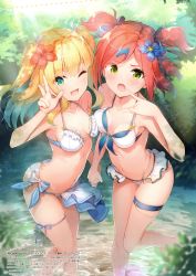 Rule 34 | 2girls, :o, ;d, absurdres, aqua eyes, arched back, bare arms, bare shoulders, bikini, blonde hair, blue hair, breasts, breasts apart, collarbone, day, front-tie bikini top, front-tie top, gradient hair, green eyes, highres, holding hands, leg ribbon, leg up, long hair, looking at viewer, medium breasts, multicolored hair, multiple girls, nature, navel, nijihashi sora, one eye closed, open mouth, outdoors, ragnania, red hair, ribbon, scan, smile, standing, standing on one leg, stomach, sunlight, swimsuit, thigh ribbon, thigh strap, two side up, v, wading, water, wet, white bikini