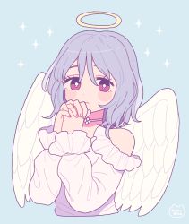 Rule 34 | 1girl, absurdres, angel, angel wings, blue background, blush, bright pupils, choker, clothing cutout, emma (kumaema), feathered wings, grey hair, halo, highres, long sleeves, looking at viewer, medium hair, original, own hands together, purple eyes, shirt, shoulder cutout, signature, simple background, solo, sparkle, white pupils, white shirt, white wings, wings