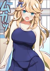 Rule 34 | 1girl, alternate costume, animal ears, aqua eyes, bare arms, blonde hair, blue bow, blue one-piece swimsuit, blush, bow, breasts, collarbone, commentary request, cowboy shot, ear ribbon, gold city (umamusume), highres, horse ears, horse girl, horse tail, large breasts, long hair, looking at viewer, one-piece swimsuit, open mouth, pool, solo, swimsuit, tail, tracen swimsuit, translation request, umamusume, wahiko (black bastard)