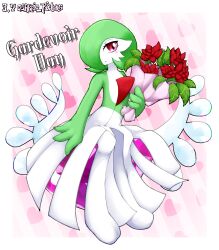 Rule 34 | 1girl, :&lt;, arm at side, artist name, blush, bob cut, border, bouquet, character name, closed mouth, colored skin, creatures (company), dated, english text, female focus, flat chest, flower, full body, game freak, gardevoir, gardevoir day, gen 3 pokemon, green hair, green skin, hair over one eye, half-closed eyes, hand up, heart, heart background, highres, holding, holding bouquet, light blush, looking at viewer, multicolored skin, nintendo, one eye covered, outside border, pink background, pink gemstone, pokemon, pokemon (creature), red eyes, red flower, short hair, signature, sitting, solo, striped, striped background, twitter username, two-tone skin, white border, white skin, yukkuringo