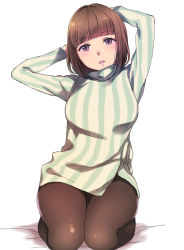Rule 34 | 1girl, arms behind head, blunt bangs, brown hair, brown pantyhose, duke (inu daimyou), long sleeves, looking at viewer, nikki (swapnote), nintendo, pantyhose, purple eyes, shirt, short hair, simple background, sitting, solo, striped clothes, striped shirt, vertical-striped clothes, vertical-striped shirt, wariza, white background