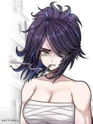 Rule 34 | 1girl, absurdres, artist name, bandages, bare shoulders, black hair, blue eyes, blue hair, breasts, chest sarashi, cigarette, cleavage, clenched teeth, collarbone, commentary, hair over one eye, highres, indie virtual youtuber, kson, large breasts, looking at viewer, markislazy, mouth hold, multicolored hair, sarashi, short hair, signature, smoke, smoking, solo, souchou, strapless, streaked hair, teeth, tube top, upper body, virtual youtuber