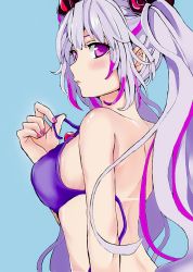 Rule 34 | 1girl, bare arms, bare shoulders, bikini, blush, breasts, caro (shironeko project), closed mouth, from side, hamu (plot sy), long hair, looking at viewer, looking to the side, medium breasts, multicolored hair, nail polish, purple eyes, purple hair, shironeko project, silver hair, solo, swimsuit, twintails, two-tone hair, untied bikini, upper body