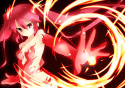 Rule 34 | 1girl, bare shoulders, breasts, cthugha (nyaruko-san), elbow gloves, fiery hair, fire, fireball, fire, gloves, haiyore! nyaruko-san, long hair, outstretched arm, phi fai, red eyes, red hair, shimpa, solo, twintails