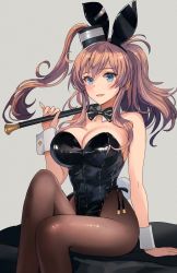 Rule 34 | 1girl, animal ears, black leotard, blue eyes, bow, bowtie, breasts, brown hair, detached collar, fake animal ears, fake tail, grey background, hair between eyes, hair ornament, highres, kantai collection, kasumi (skchkko), large breasts, leotard, pantyhose, playboy bunny, ponytail, rabbit ears, rabbit tail, saratoga (kancolle), side-tie leotard, side ponytail, sidelocks, sitting, sitting on table, smokestack, solo, tail, wrist cuffs