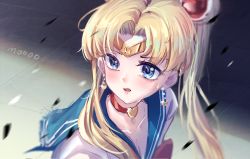 Rule 34 | 1girl, artist name, bishoujo senshi sailor moon, bishoujo senshi sailor moon s, blonde hair, blue eyes, blue sailor collar, breasts, choker, circlet, cleavage, collarbone, crescent, crescent earrings, earrings, hair bun, hair intakes, heart, heart choker, highres, jewelry, long hair, maoao, medium breasts, meme, open mouth, red choker, sailor collar, sailor moon, sailor moon redraw challenge (meme), solo, twintails, upper body