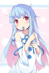 Rule 34 | 1girl, absurdres, bare shoulders, blue dress, blue flower, blue hair, blue rose, blue sleeves, blush, collared dress, commentary request, detached sleeves, dress, flower, hair tie, hair tie in mouth, hands up, highres, kotonoha aoi, long hair, long sleeves, masaki (machisora), mouth hold, multicolored hair, pink hair, red eyes, rose, sidelocks, sleeveless, sleeveless dress, solo, two-tone hair, tying hair, very long hair, voiceroid, wide sleeves