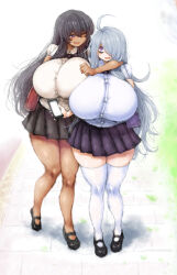 Rule 34 | 2b-ge, 2girls, ahoge, bag, beige shirt, black footwear, black hair, black skirt, breasts, dark-skinned female, dark skin, eye contact, fang, female focus, full body, grey hair, hair over one eye, highres, holding, holding phone, huge breasts, legs, long hair, looking at another, mei (2b-ge), multiple girls, no nose, one eye closed, open mouth, original, outdoors, phone, purple eyes, purple skirt, road, shiny skin, shirt, skin fang, skindentation, skirt, standing, street, taut clothes, taut shirt, thick thighs, thighhighs, thighs, white shirt, white thighhighs, wide hips, wink, zettai ryouiki