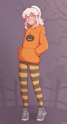 Rule 34 | 1boy, blue eyes, blush, cody (dross), dark skin, dross, grey hair, halloween, hands in pockets, highres, hood, hoodie, leggings, long hair, male focus, original, pantyhose, ponytail, shoes, simple background, solo, standing, striped clothes, striped leggings, striped pantyhose, trap, white hair