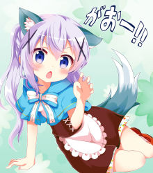 Rule 34 | 1girl, :o, alternate hairstyle, animal ears, apron, arm support, blue eyes, chestnut mouth, claw pose, commentary request, fake animal ears, fake tail, gao, gochuumon wa usagi desu ka?, hair between eyes, hair ornament, hairclip, kafuu chino, long hair, looking at viewer, massala, purple hair, short sleeves, solo, tail, waitress, wolf ears, wolf tail, x hair ornament